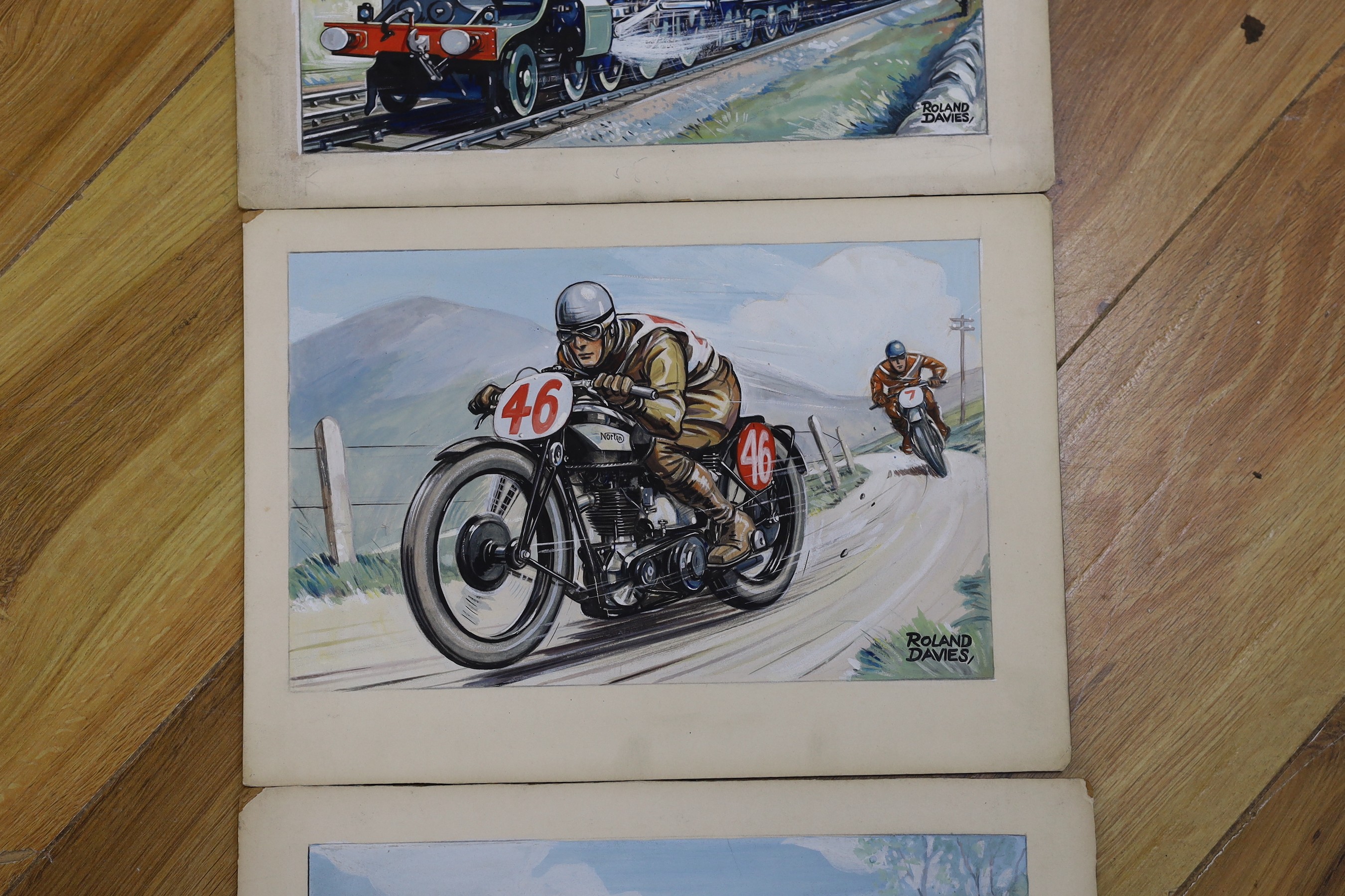 Roland Davies (1904-1993), three gouaches, Vintage transport, 'Legends of Speed', signed, 16 x 26cm, unframed